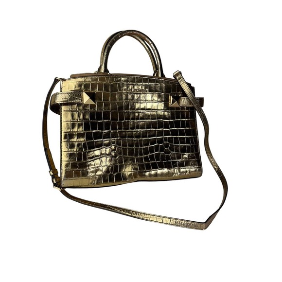 Michael Kors Gold Karla Satchel Shoulder Bag Handbag Purse Embossed Leather - Picture 2 of 16